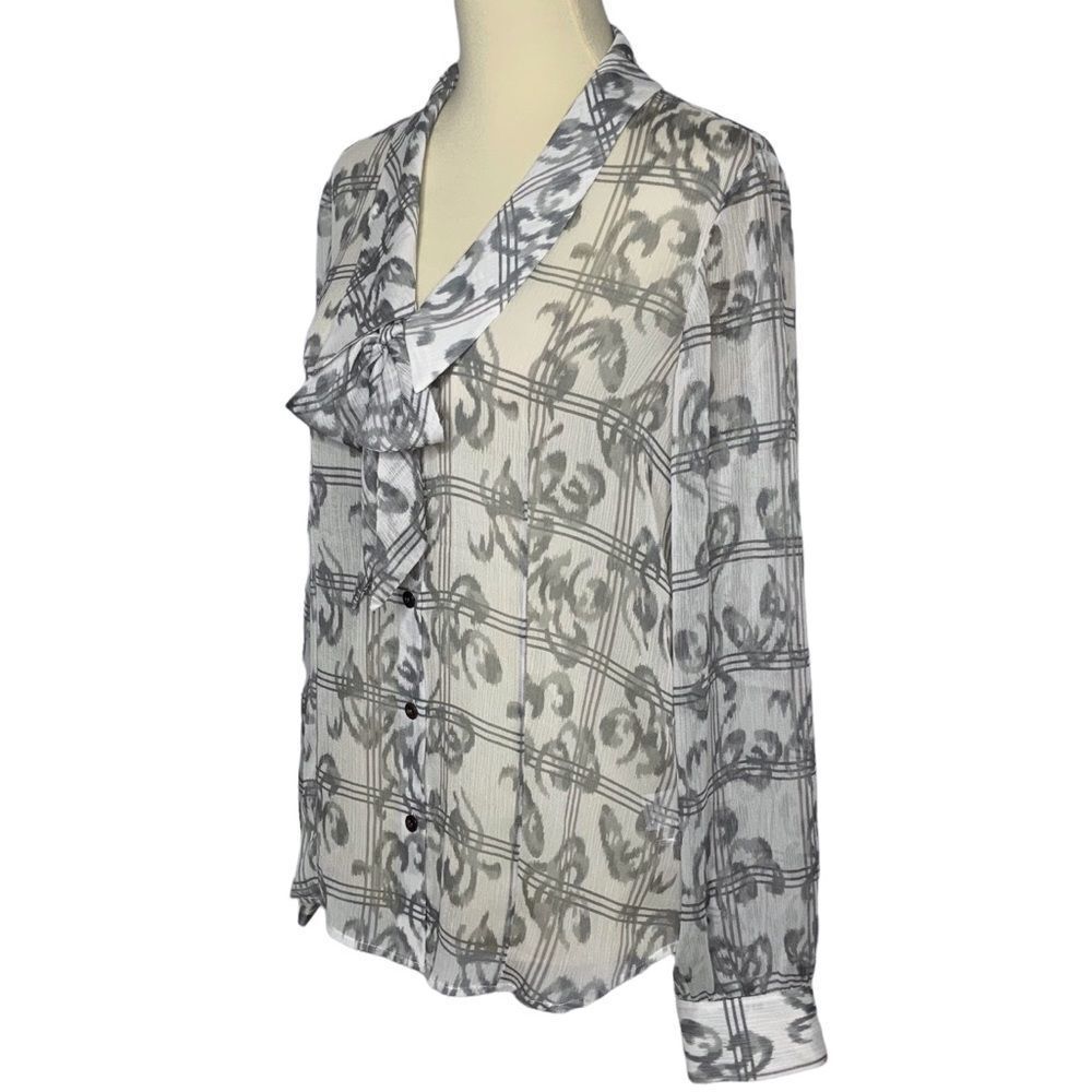 Pendleton Bow Button Front Semi Sheer Gray White … - image 2